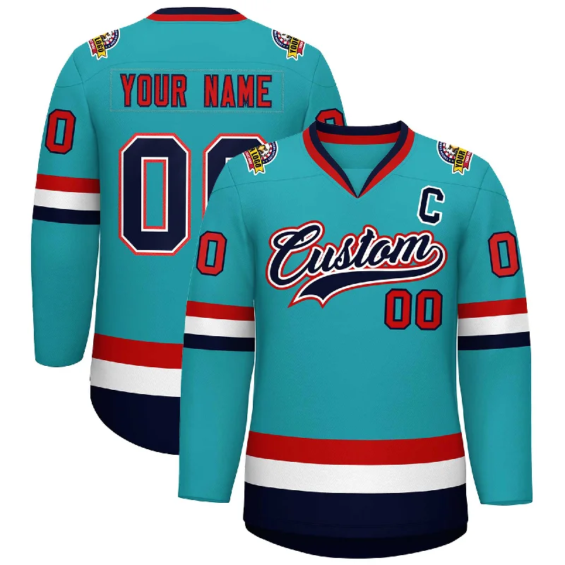 Custom Aqua Navy White-Red Classic Style Hockey Jersey