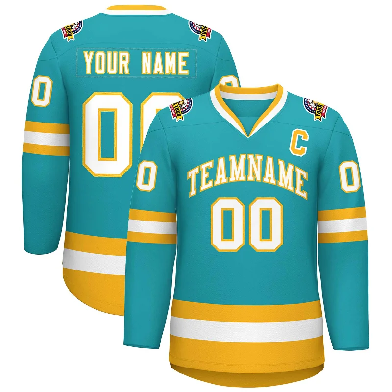 Custom Aqua White-Gold Classic Style Hockey Jersey