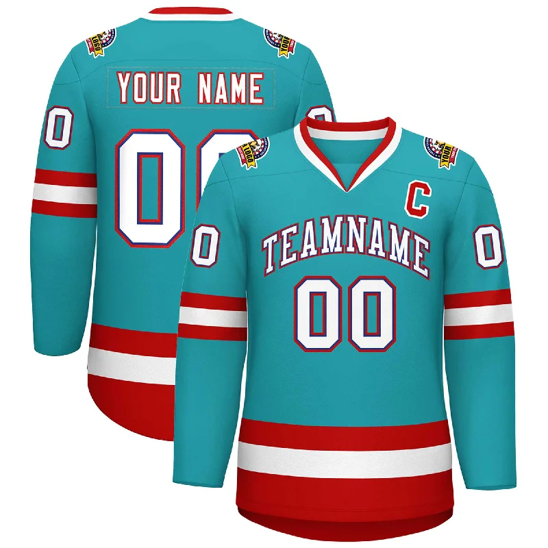 Custom Aqua White Royal-Red Classic Style Hockey Jersey