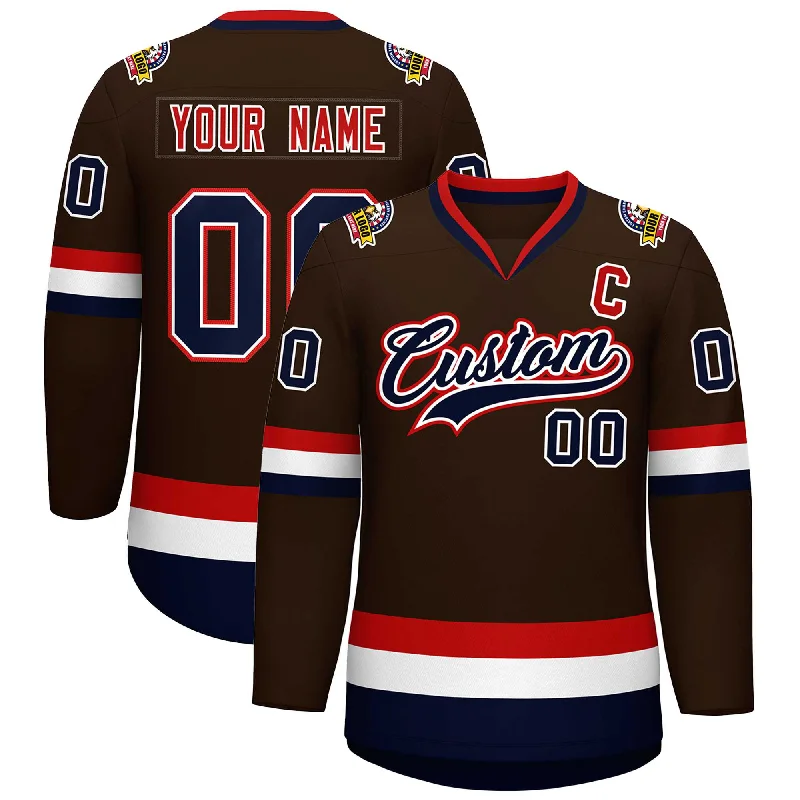 Custom Brown Navy White-Red Classic Style Hockey Jersey