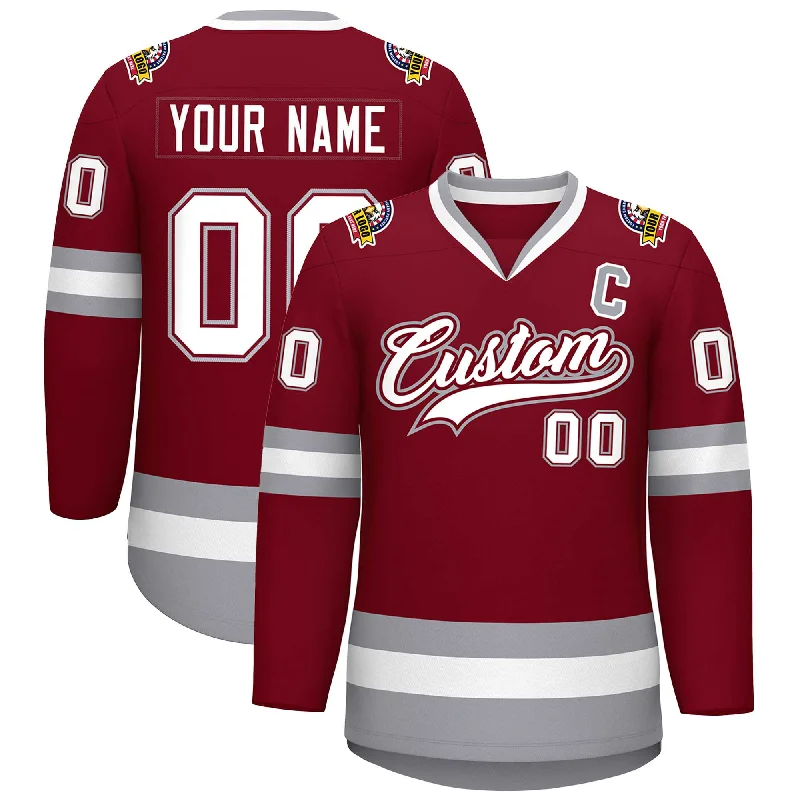 Custom Crimson White Crimson-Gray Classic Style Hockey Jersey