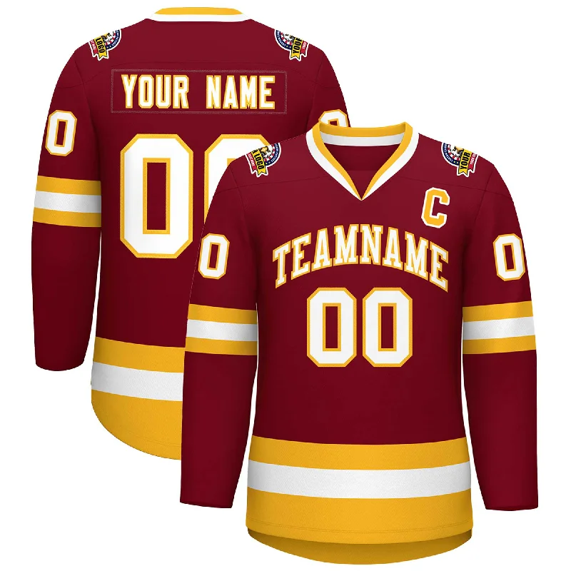 Custom Crimson White-Gold Classic Style Hockey Jersey