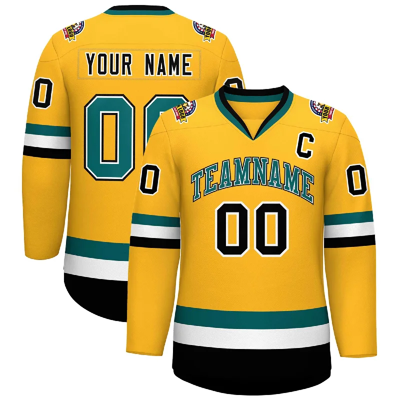 Custom Gold Aqua White-Black Classic Style Hockey Jersey