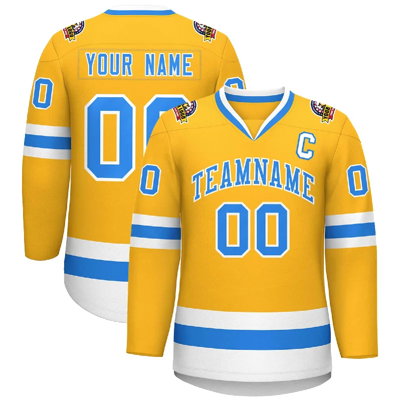 Custom Gold Powder Blue-White Classic Style Hockey Jersey