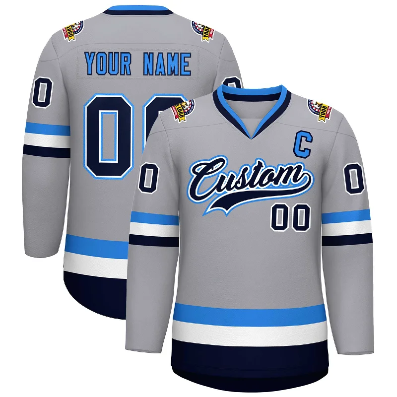 Custom Gray Navy White-Powder Blue Classic Style Hockey Jersey