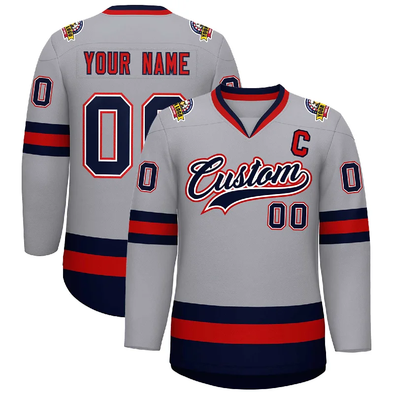 Custom Gray Navy White-Red Classic Style Hockey Jersey