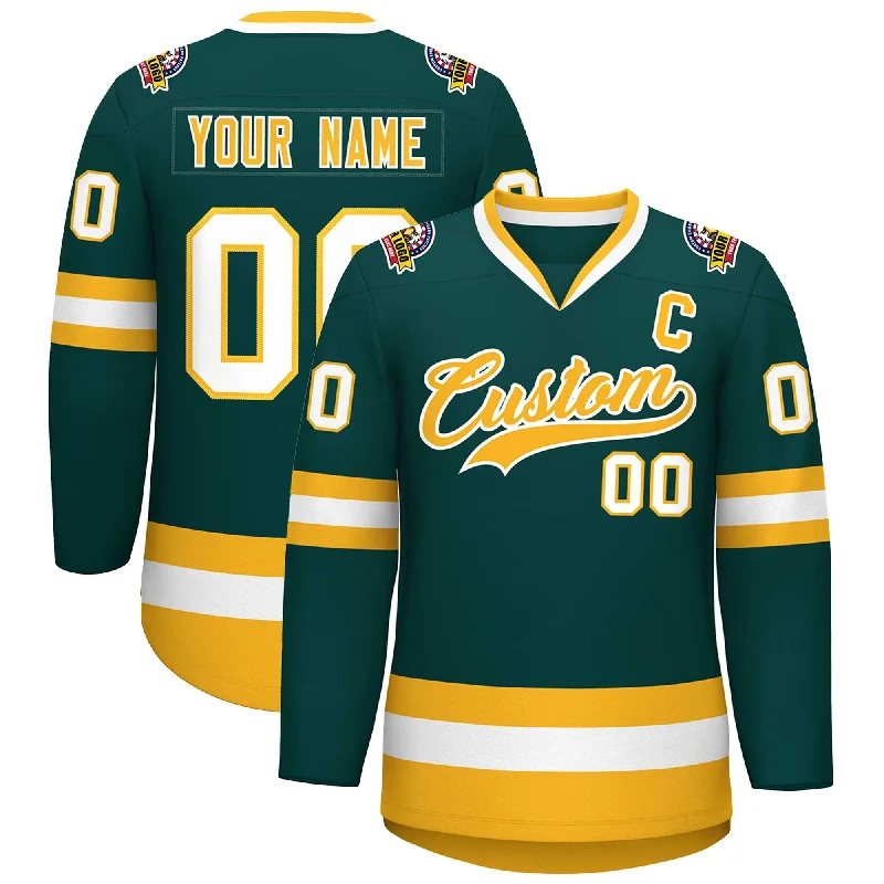 Custom Midnight Green Gold-White Classic Style Hockey Jersey