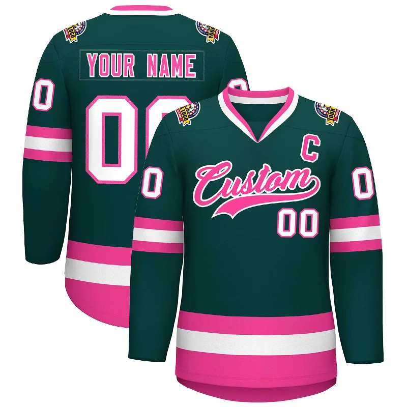 Custom Midnight Green Pink-White Classic Style Hockey Jersey