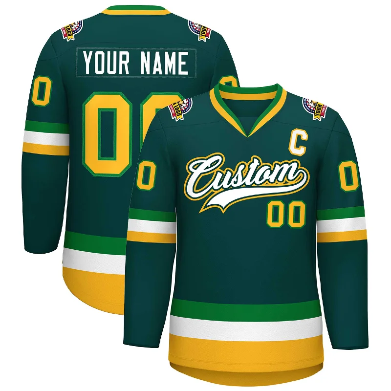 Custom Midnight Green White Kelly Green-Gold Classic Style Hockey Jersey