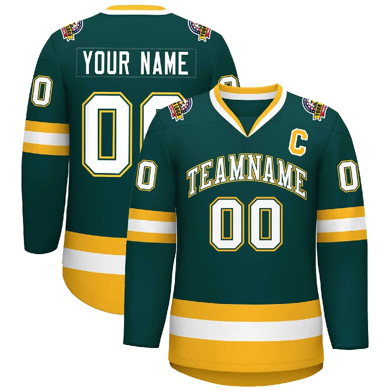 Custom Midnight Green White Olive-Gold Classic Style Hockey Jersey