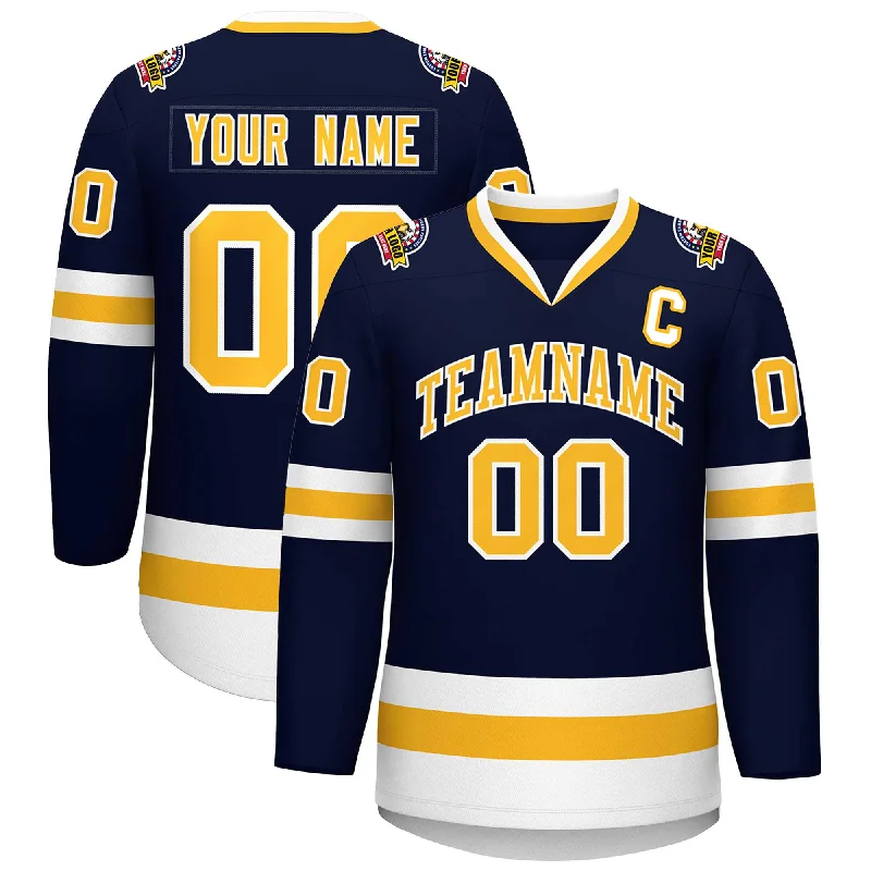 Custom Navy Gold-White Classic Style Hockey Jersey