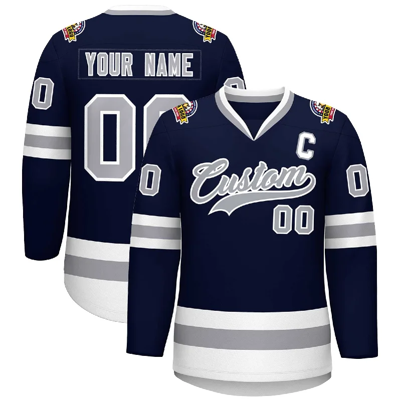 Custom Navy Gray-White Classic Style Hockey Jersey