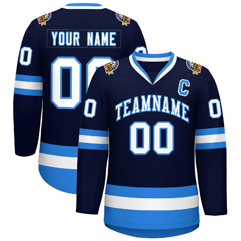 Custom Navy White-Powder Blue Classic Style Hockey Jersey