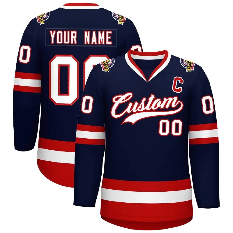 Custom Navy White-Red Classic Style Hockey Jersey