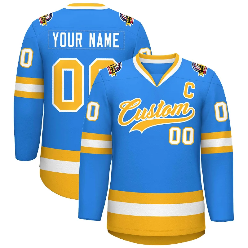 Custom Powder Blue Gold-White Classic Style Hockey Jersey