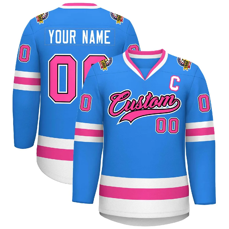 Custom Powder Blue Pink Black-White Classic Style Hockey Jersey