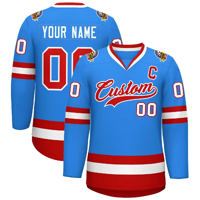 Custom Powder Blue Red-White Classic Style Hockey Jersey