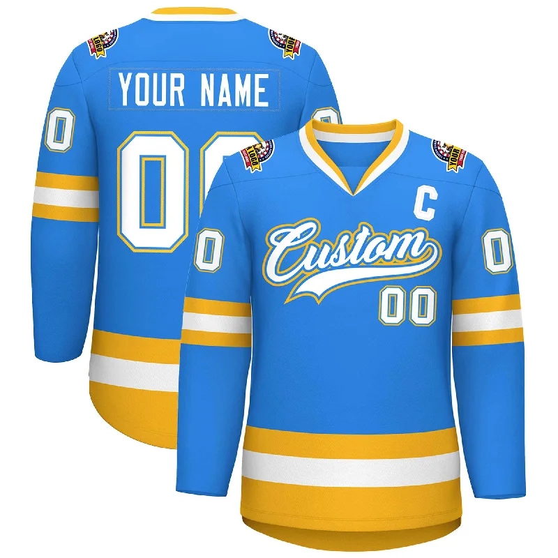 Custom Powder Blue White Powder Blue-Gold Classic Style Hockey Jersey