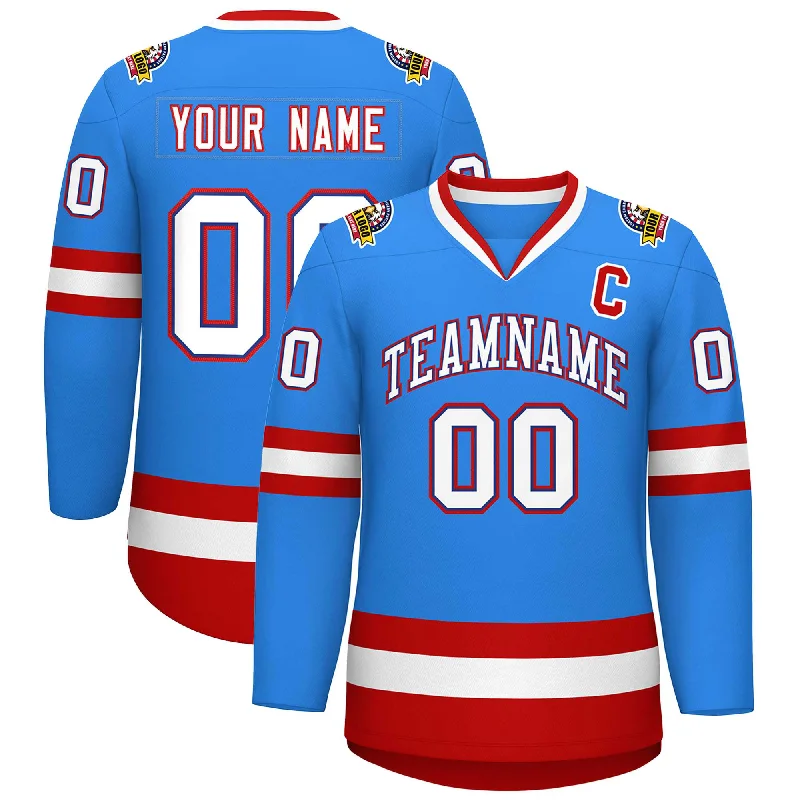 Custom Powder Blue White Royal-Red Classic Style Hockey Jersey