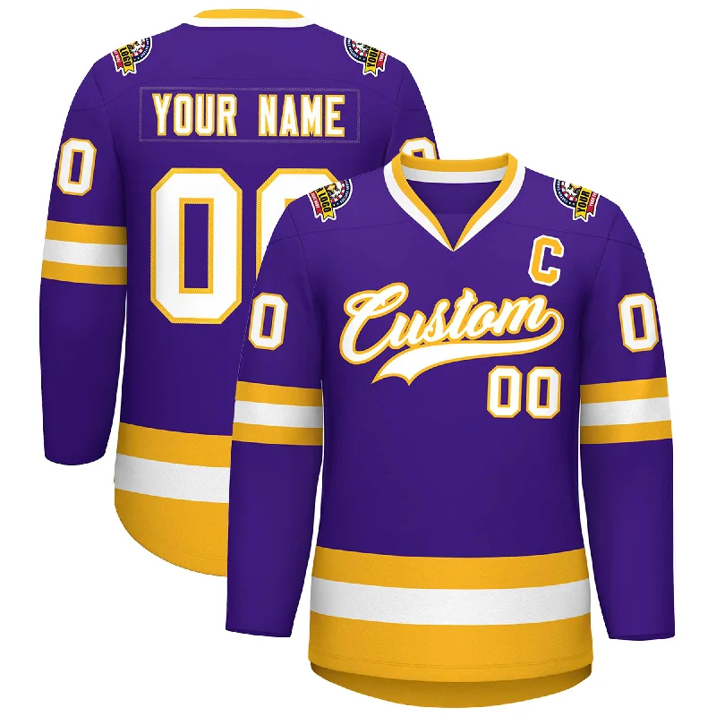 Custom Purple White-Gold Classic Style Hockey Jersey