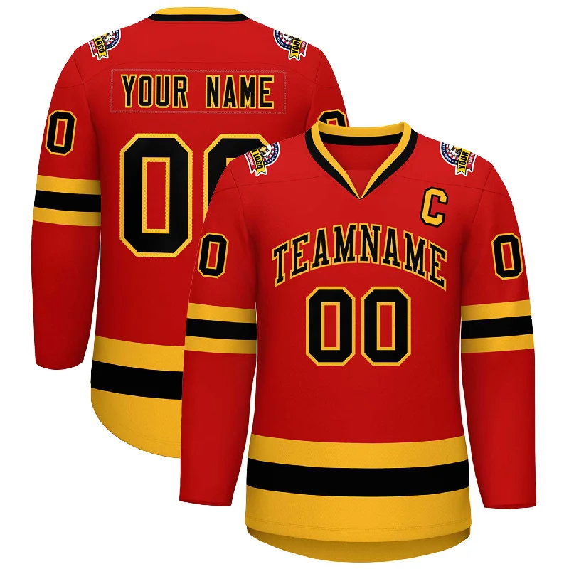 Custom Red Black-Gold Classic Style Hockey Jersey