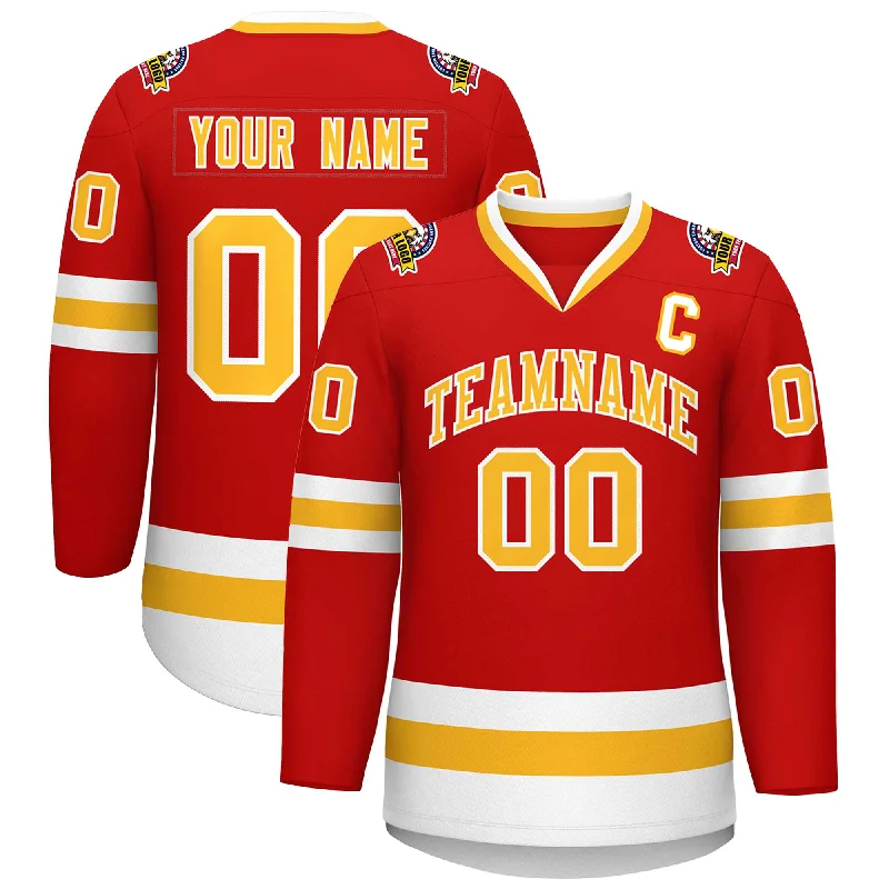 Custom Red Gold-White Classic Style Hockey Jersey