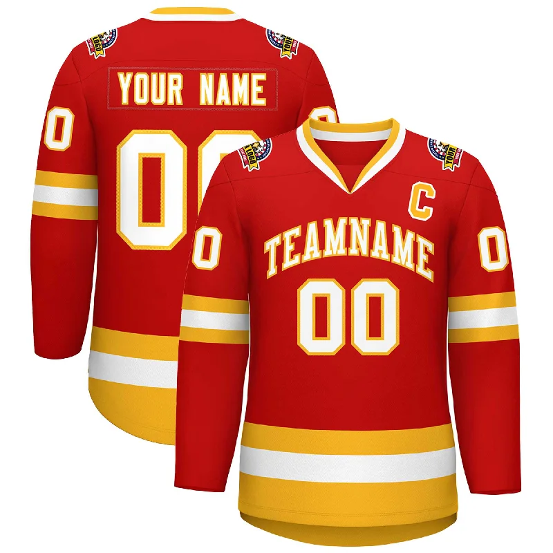 Custom Red White-Gold Classic Style Hockey Jersey