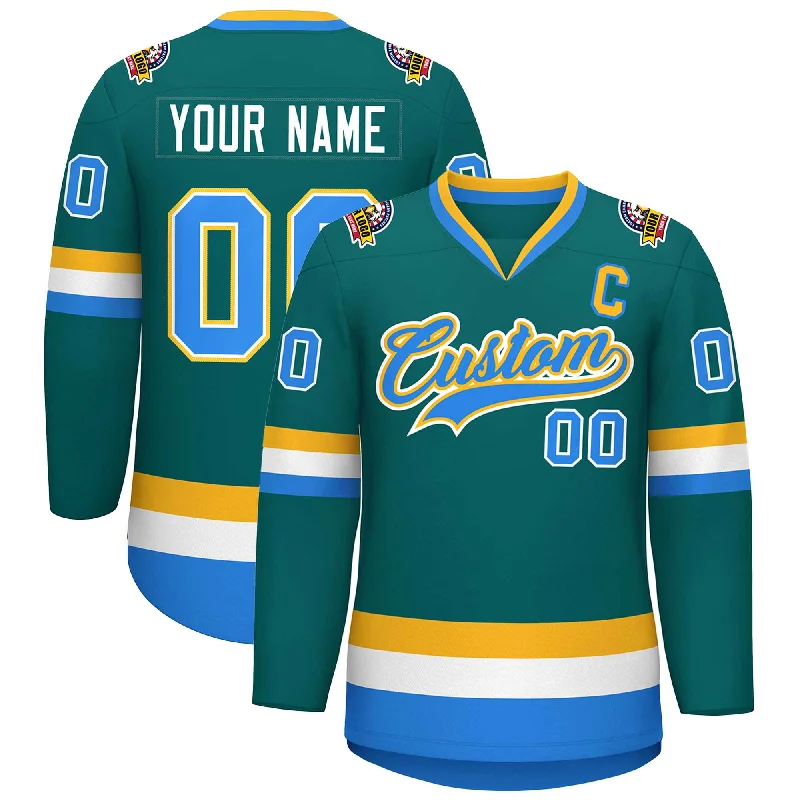 Custom Teal Powder Blue White-Gold Classic Style Hockey Jersey