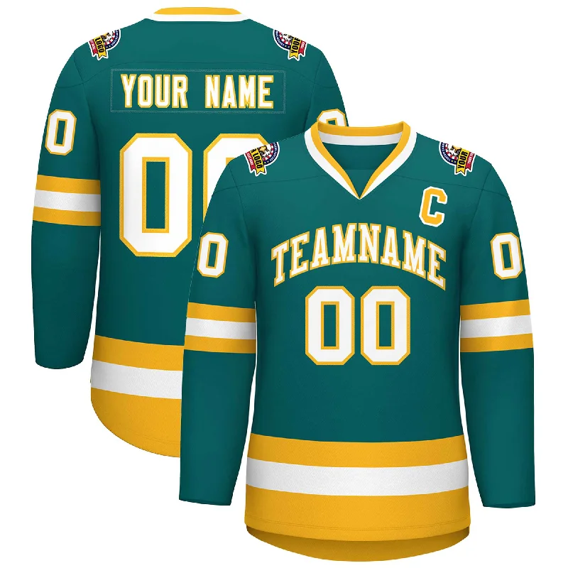 Custom Teal White-Gold Classic Style Hockey Jersey