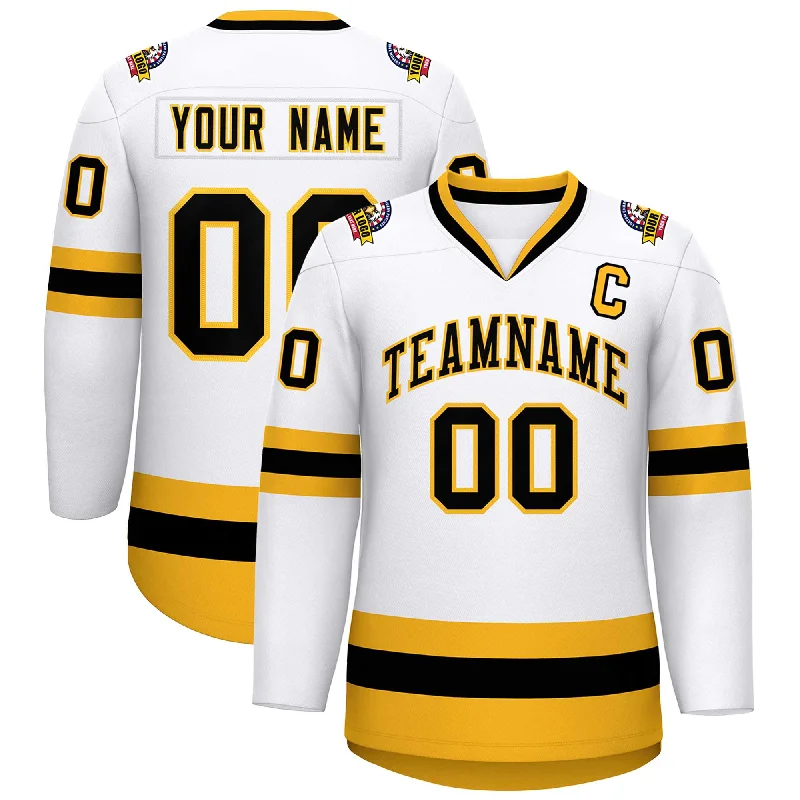 Custom White Black-Gold Classic Style Hockey Jersey