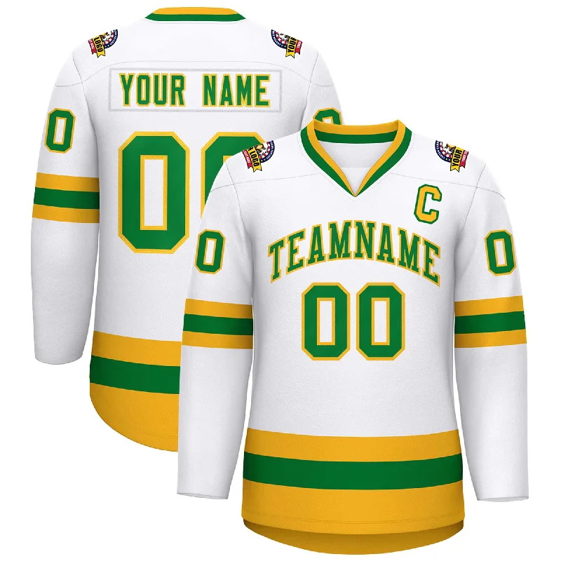 Custom White Kelly Green-Gold Classic Style Hockey Jersey