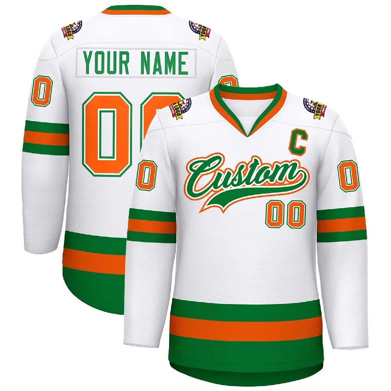 Custom White Kelly Green White-Orange Classic Style Hockey Jersey