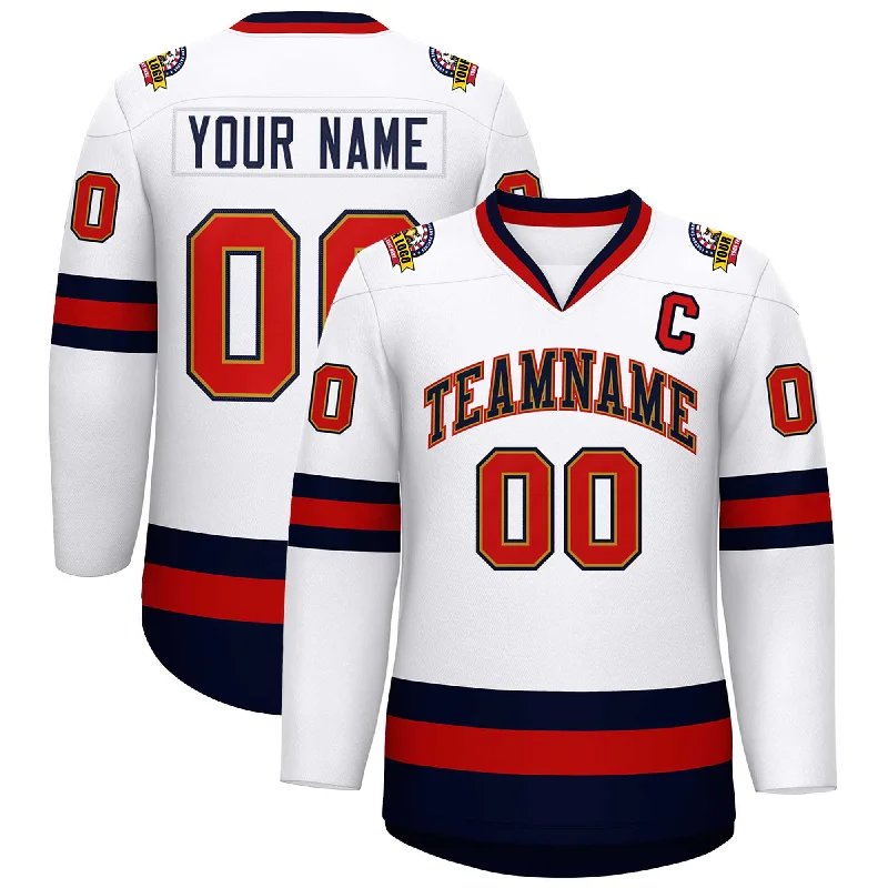 Custom White Navy Old Gold-Red Classic Style Hockey Jersey