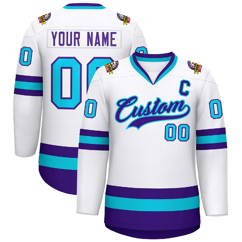 Custom White Purple-Powder Blue Classic Style Hockey Jersey